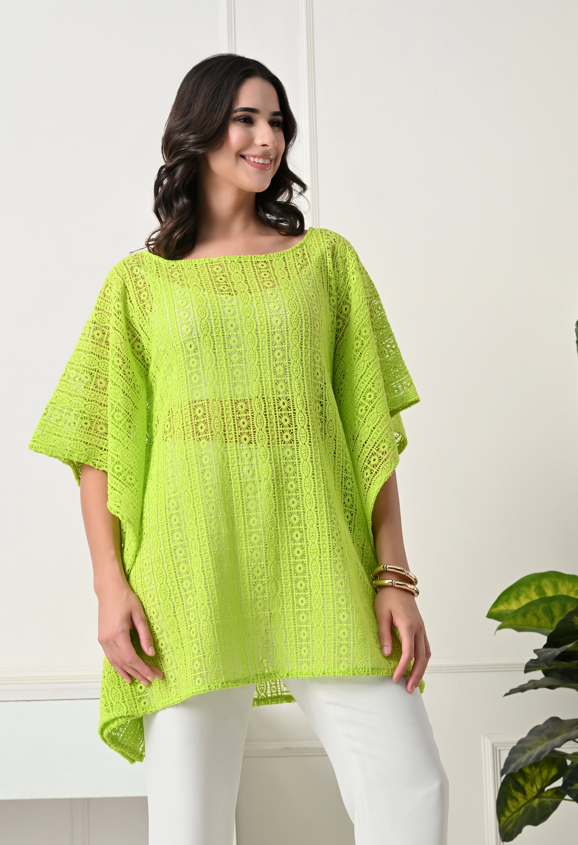 Neon Lime Crochet Kaftan Top