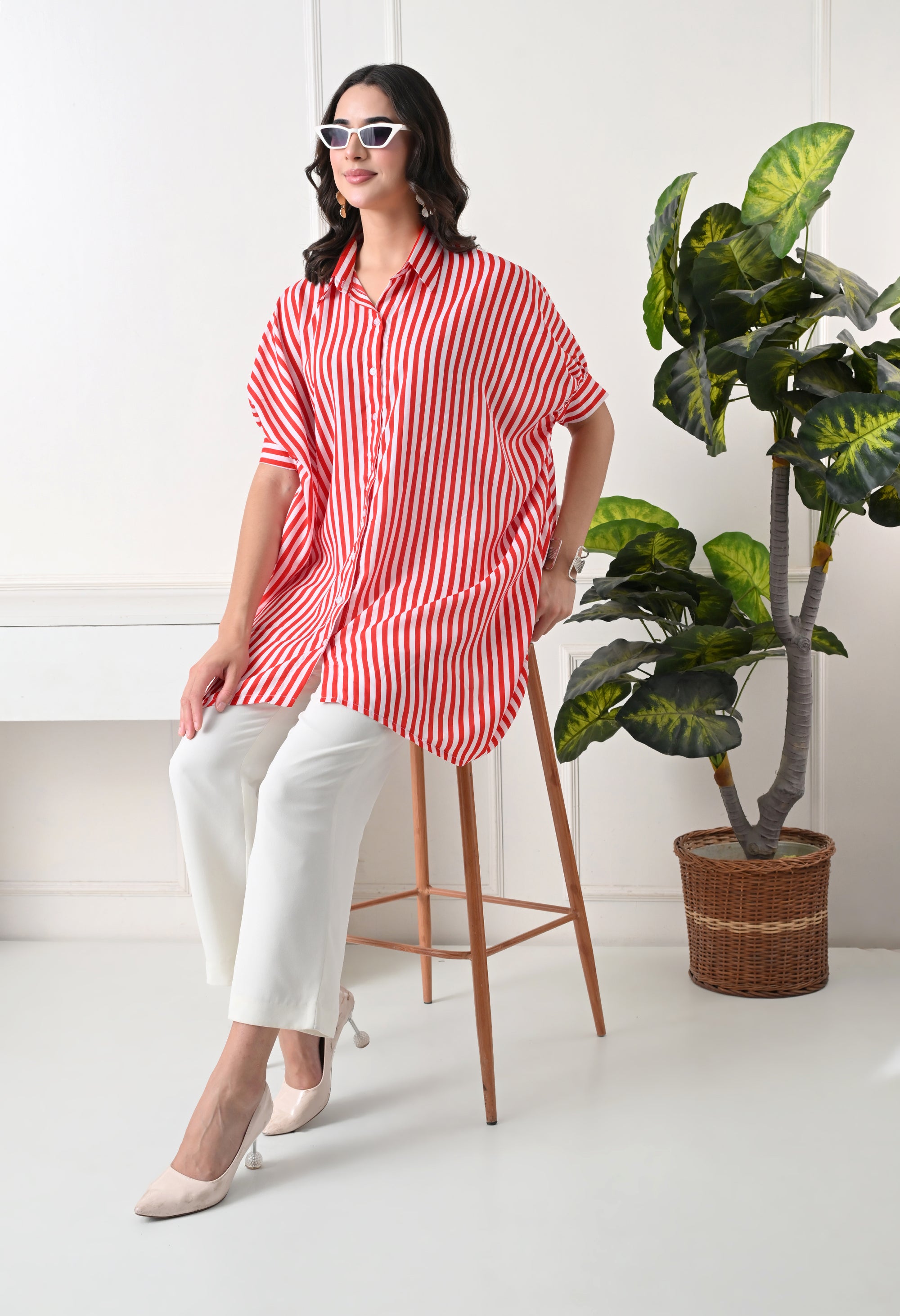 Red & White Striped Oversized tunic set