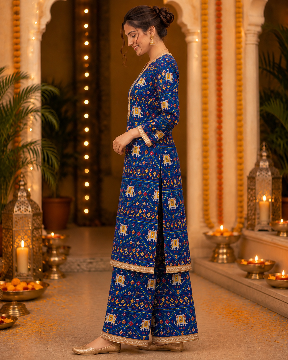 Royal Blue Elephant Print Kurta Palazzo Set