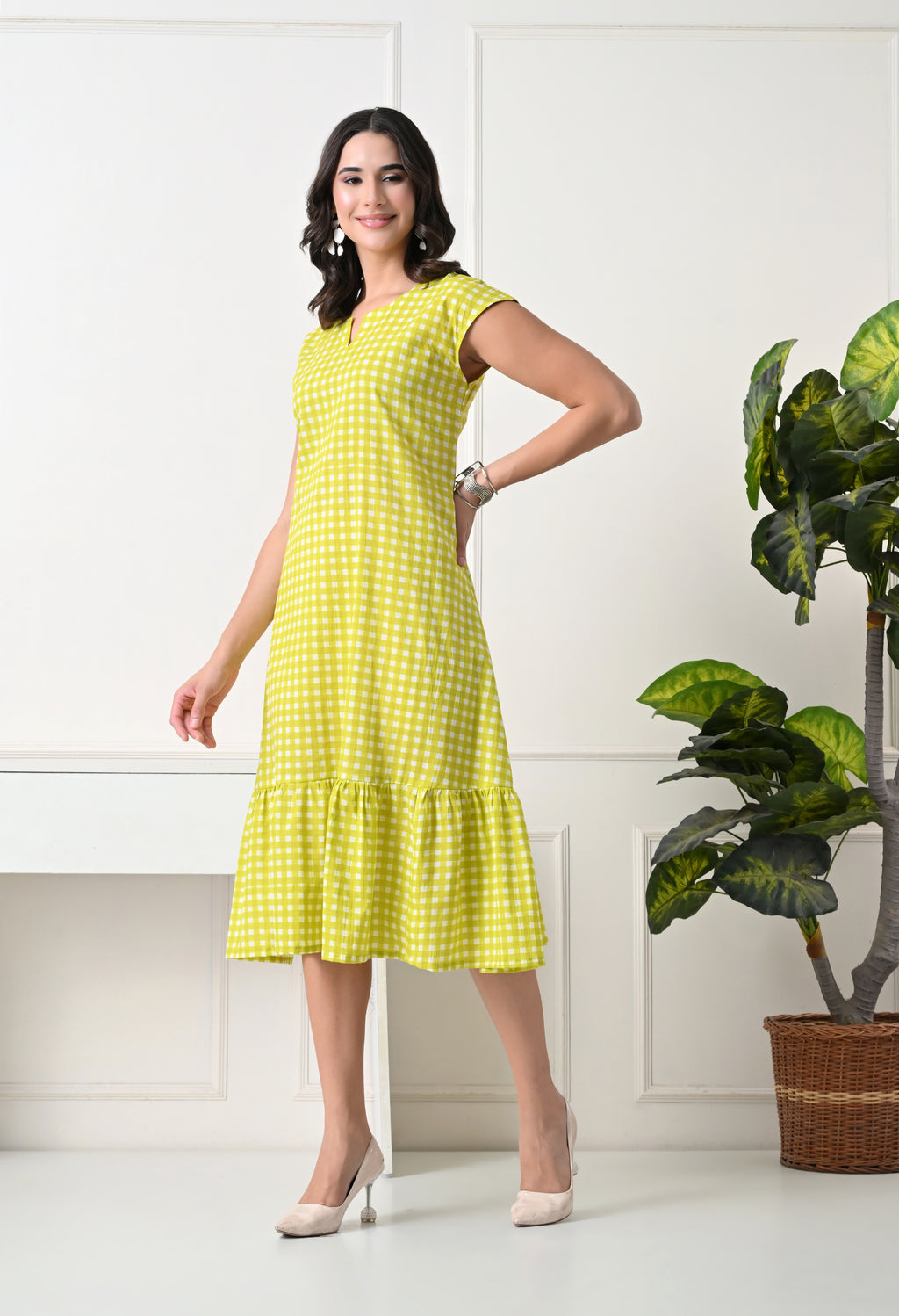 Lime Green Checked Midi Dress