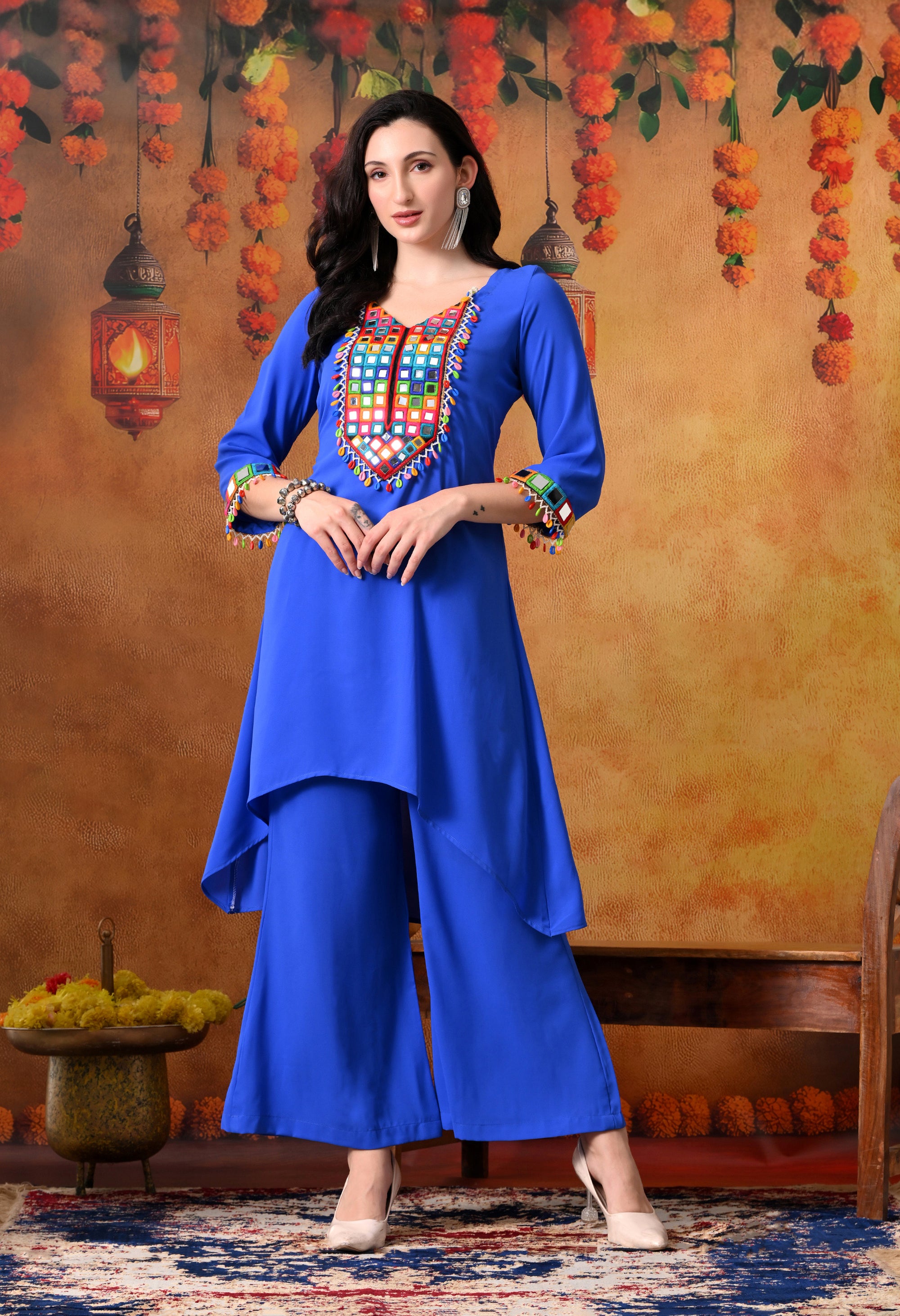 Blue Mirror Work Kurti & Palazzo Set