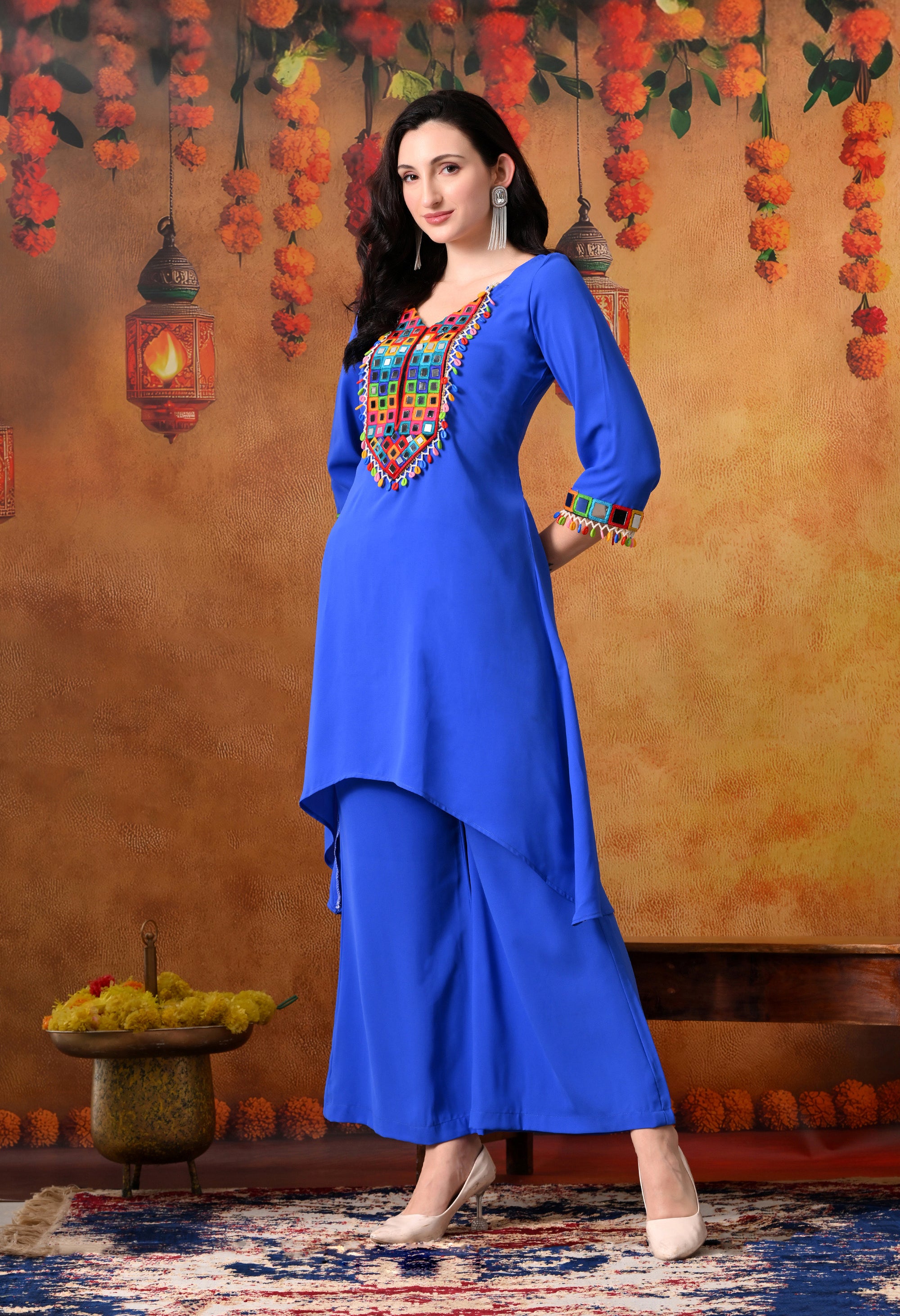 Blue Mirror Work Kurti & Palazzo Set