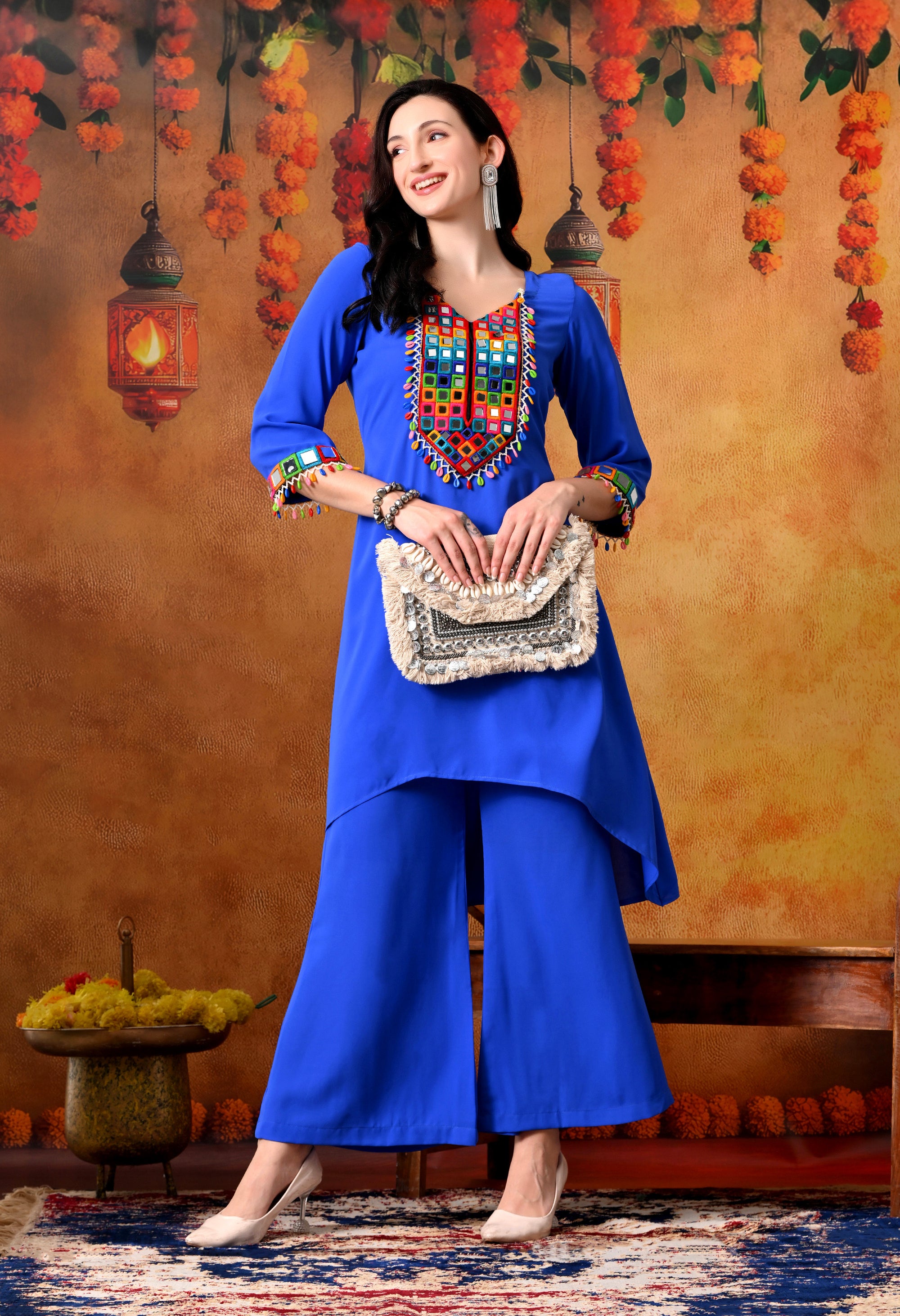 Blue Mirror Work Kurti & Palazzo Set