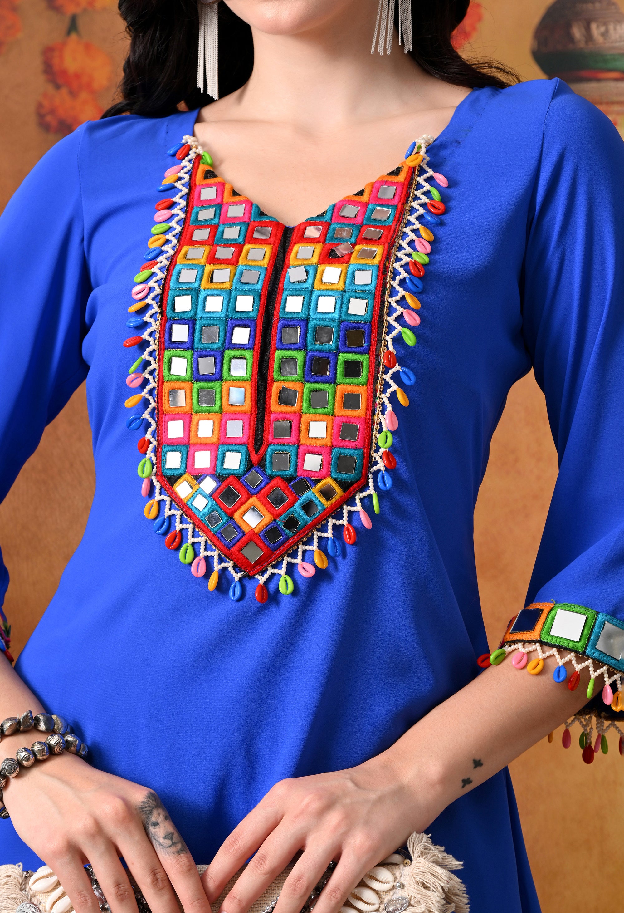 Blue Mirror Work Kurti & Palazzo Set