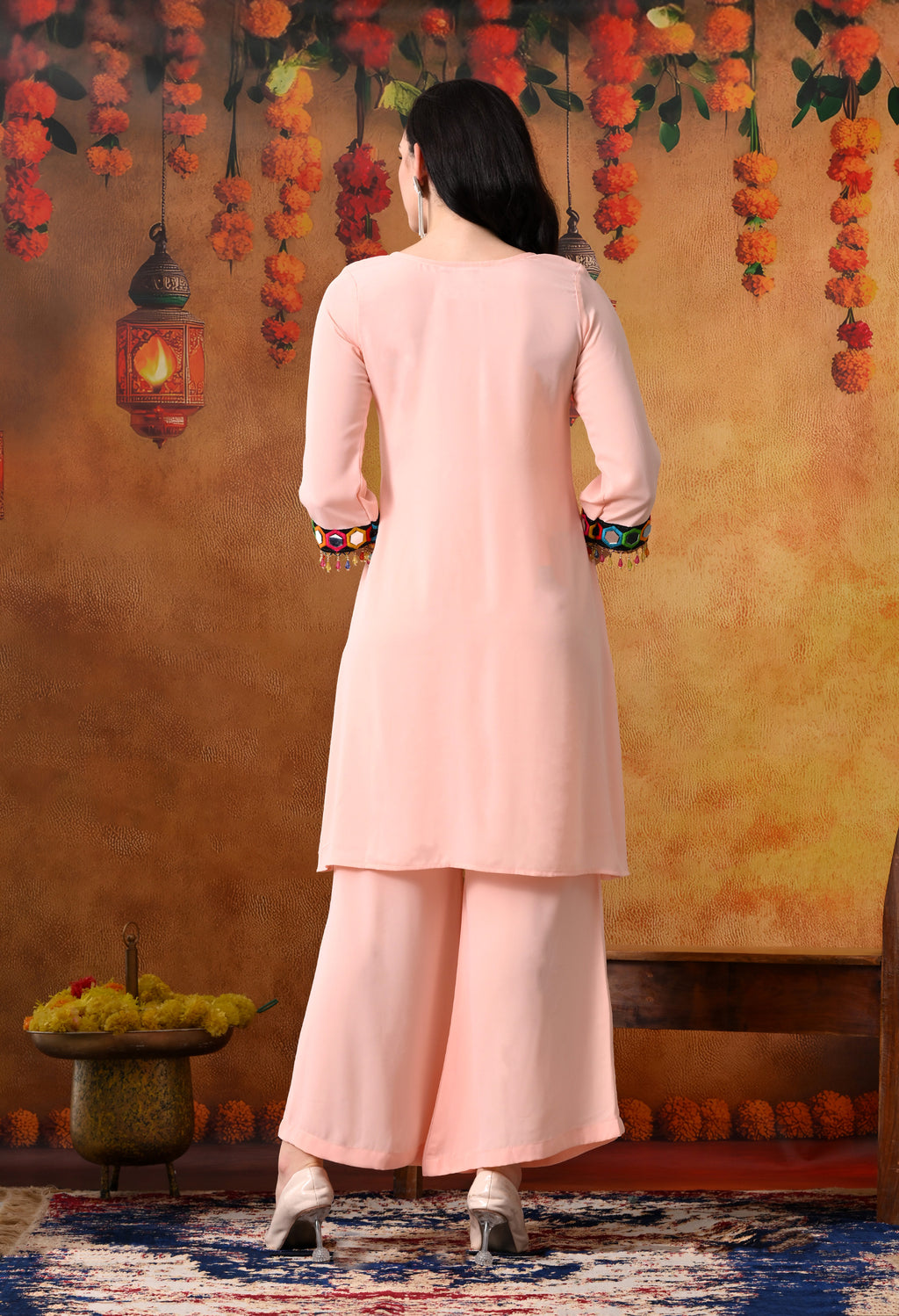 Peach Mirror Work Kurti & Palazzo Set