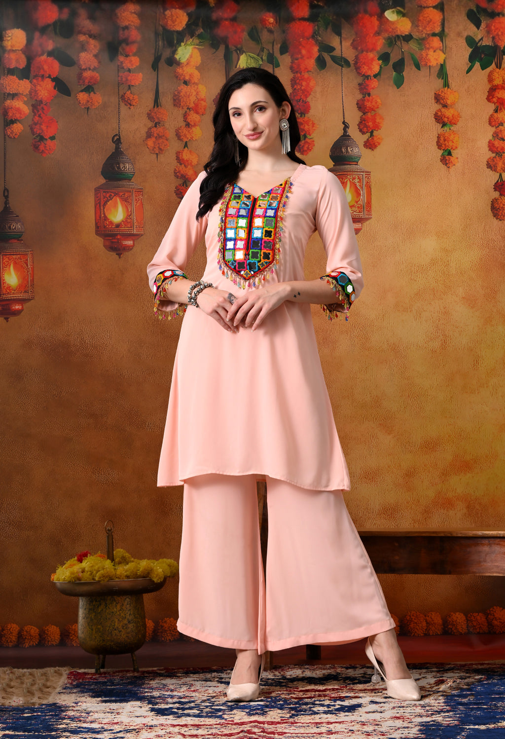 Peach Mirror Work Kurti & Palazzo Set