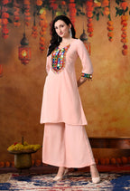 Peach Mirror Work Kurti & Palazzo Set