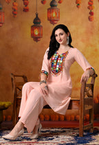 Peach Mirror Work Kurti & Palazzo Set