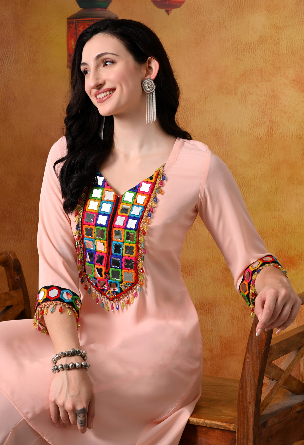 Peach Mirror Work Kurti & Palazzo Set