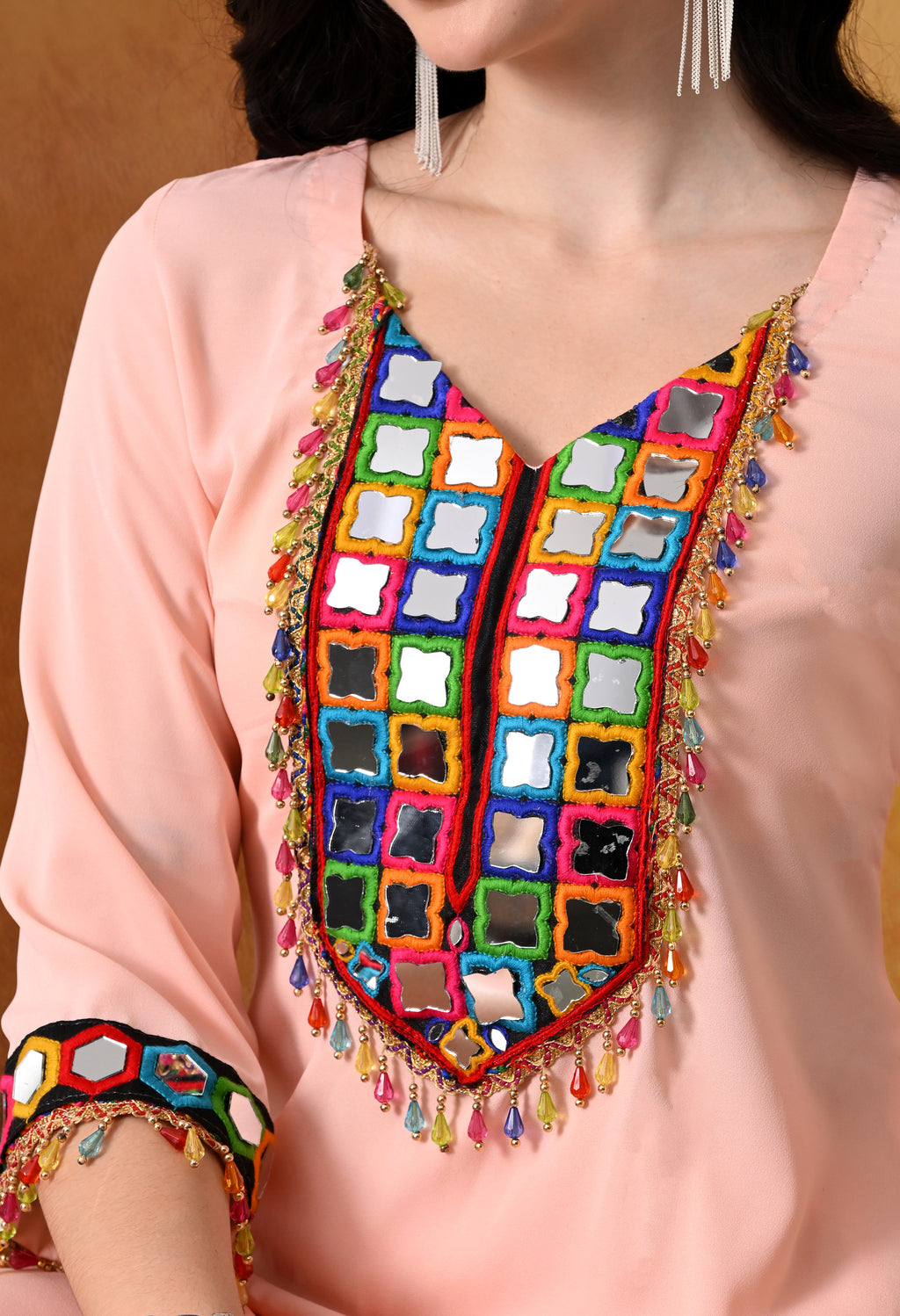 Peach Mirror Work Kurti & Palazzo Set