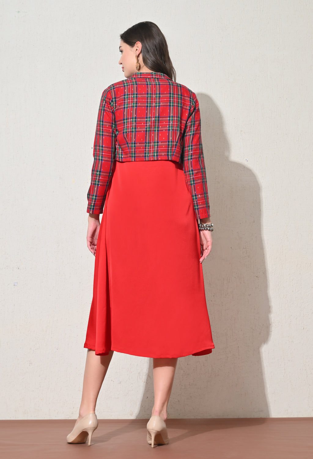 Red Midi Dress with Checked Crop Jacket