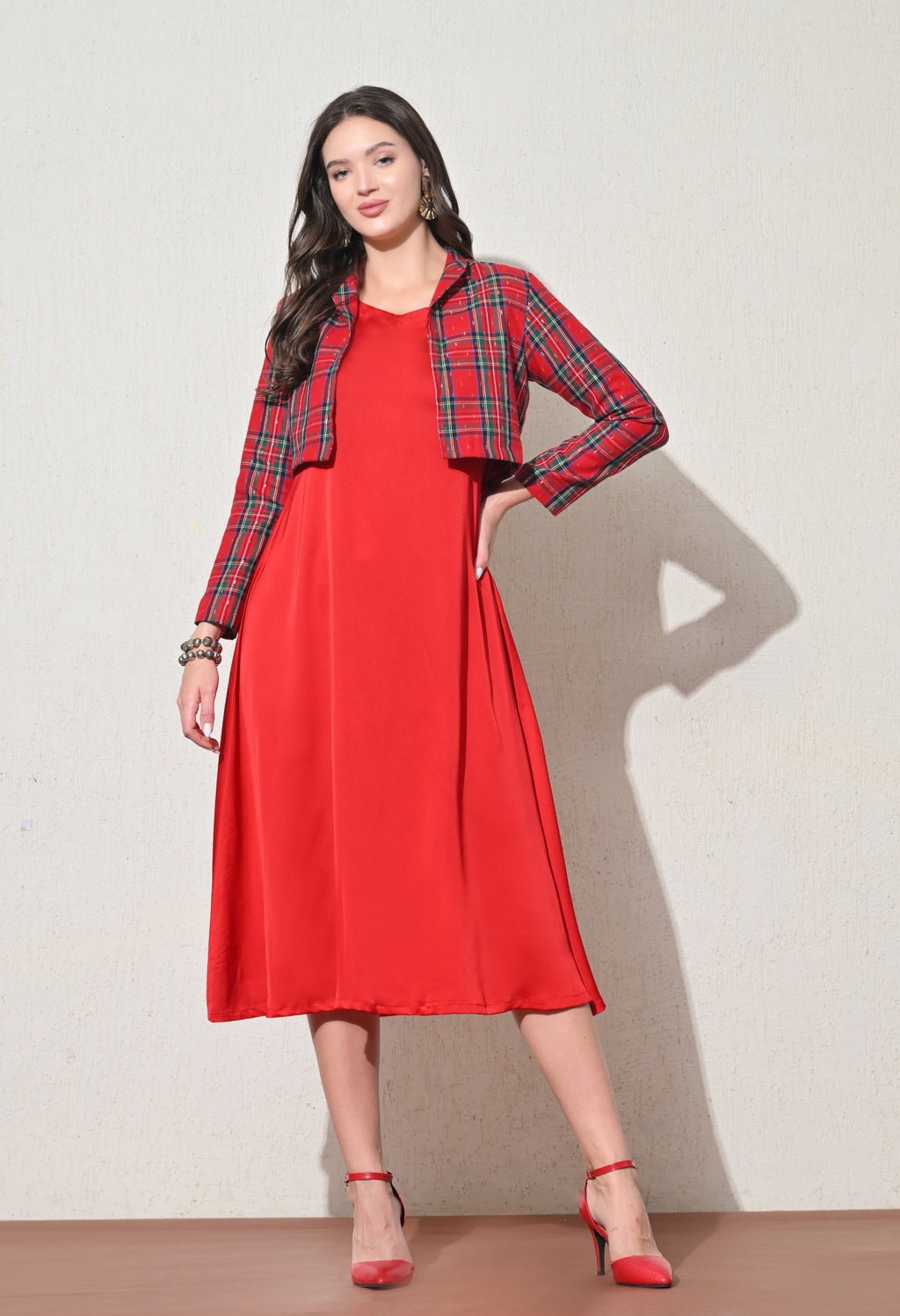 Red Midi Dress with Checked Crop Jacket
