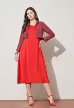 Red Midi Dress with Checked Crop Jacket