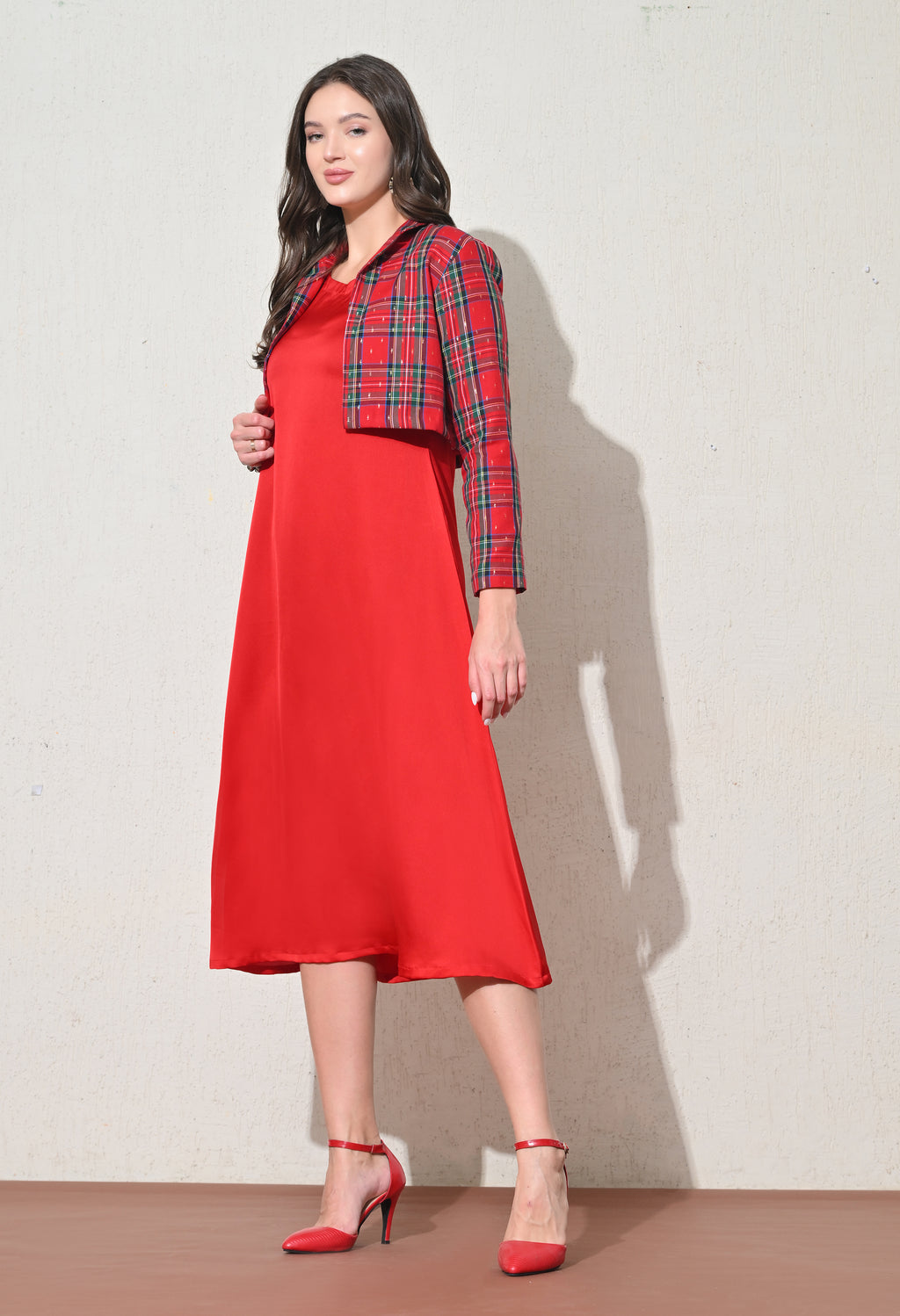 Red Midi Dress with Checked Crop Jacket
