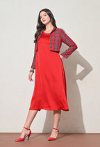 Red Midi Dress with Checked Crop Jacket