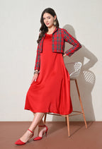 Red Midi Dress with Checked Crop Jacket