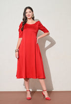 Red Midi Dress with Checked Crop Jacket