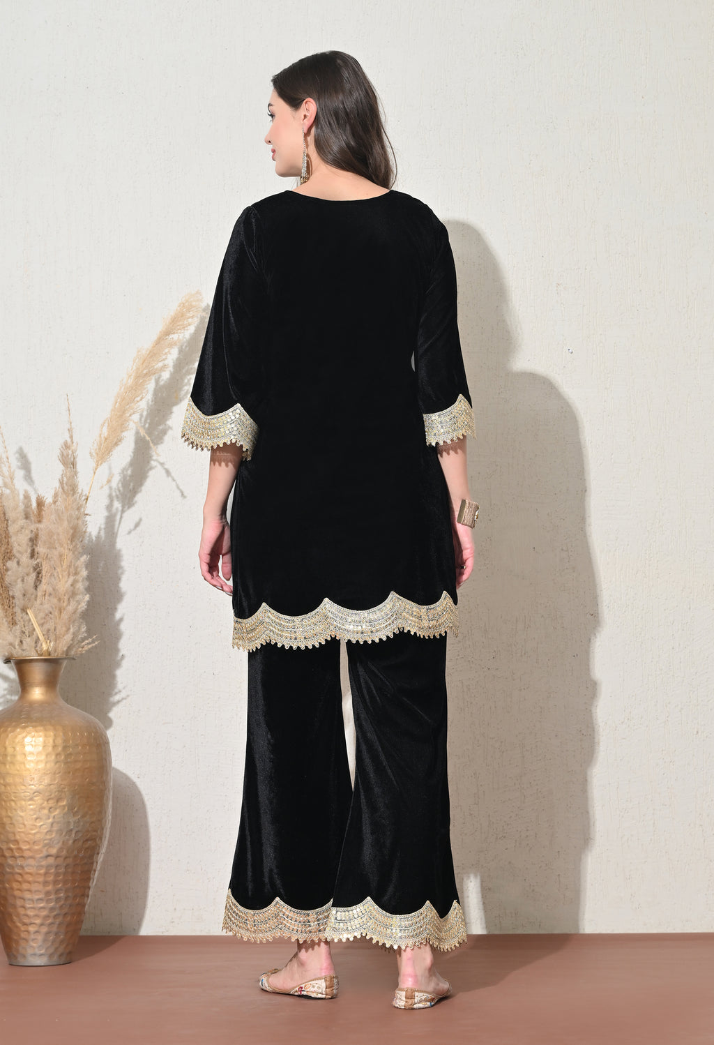 Black Velvet Kurta Set with Golden Lace
