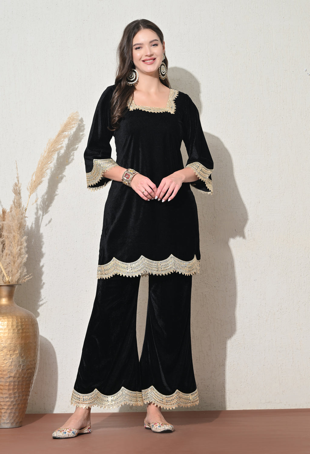 Black Velvet Kurta Set with Golden Lace