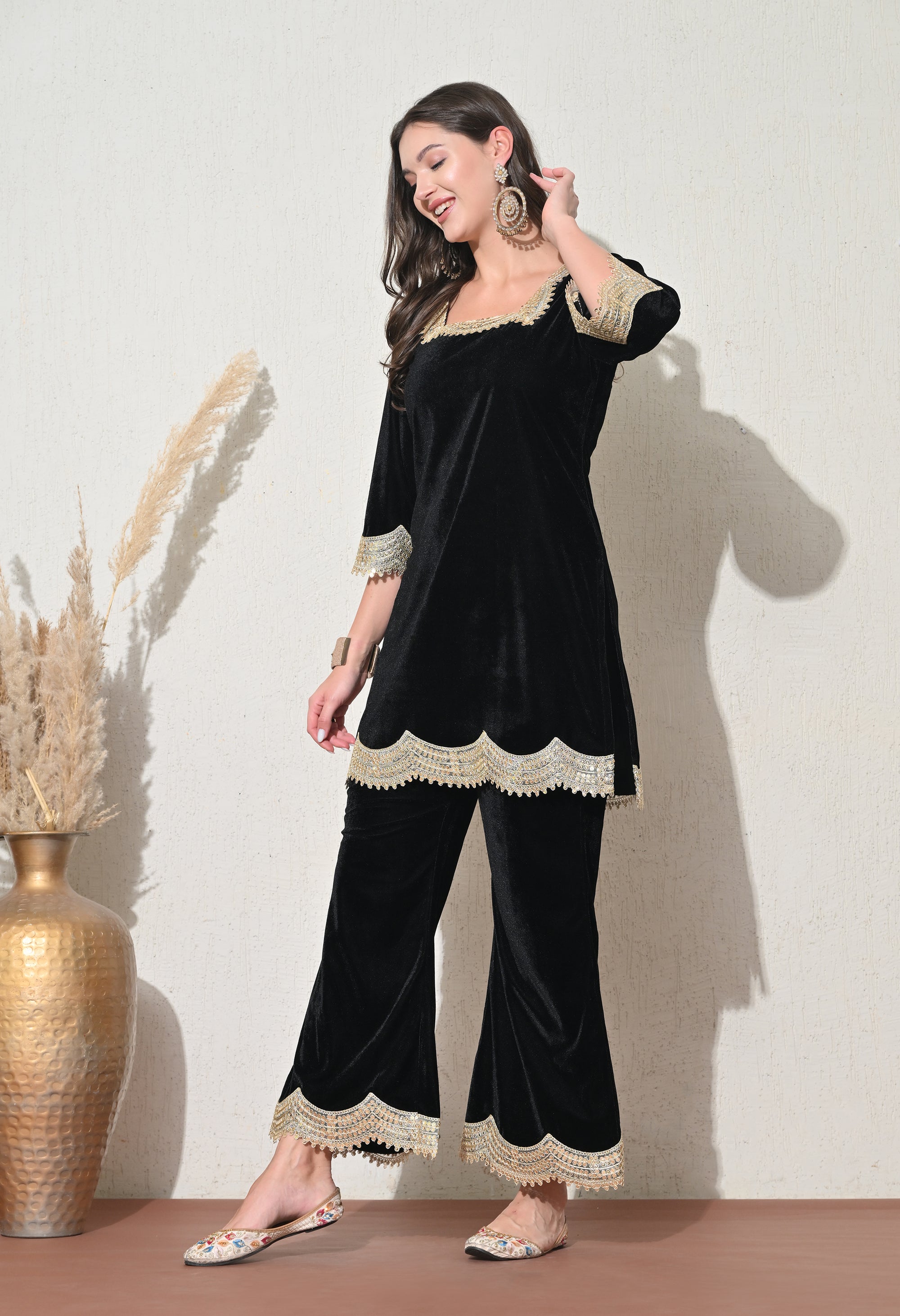 Black Velvet Kurta Set with Golden Lace