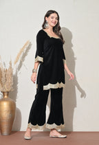 Black Velvet Kurta Set with Golden Lace