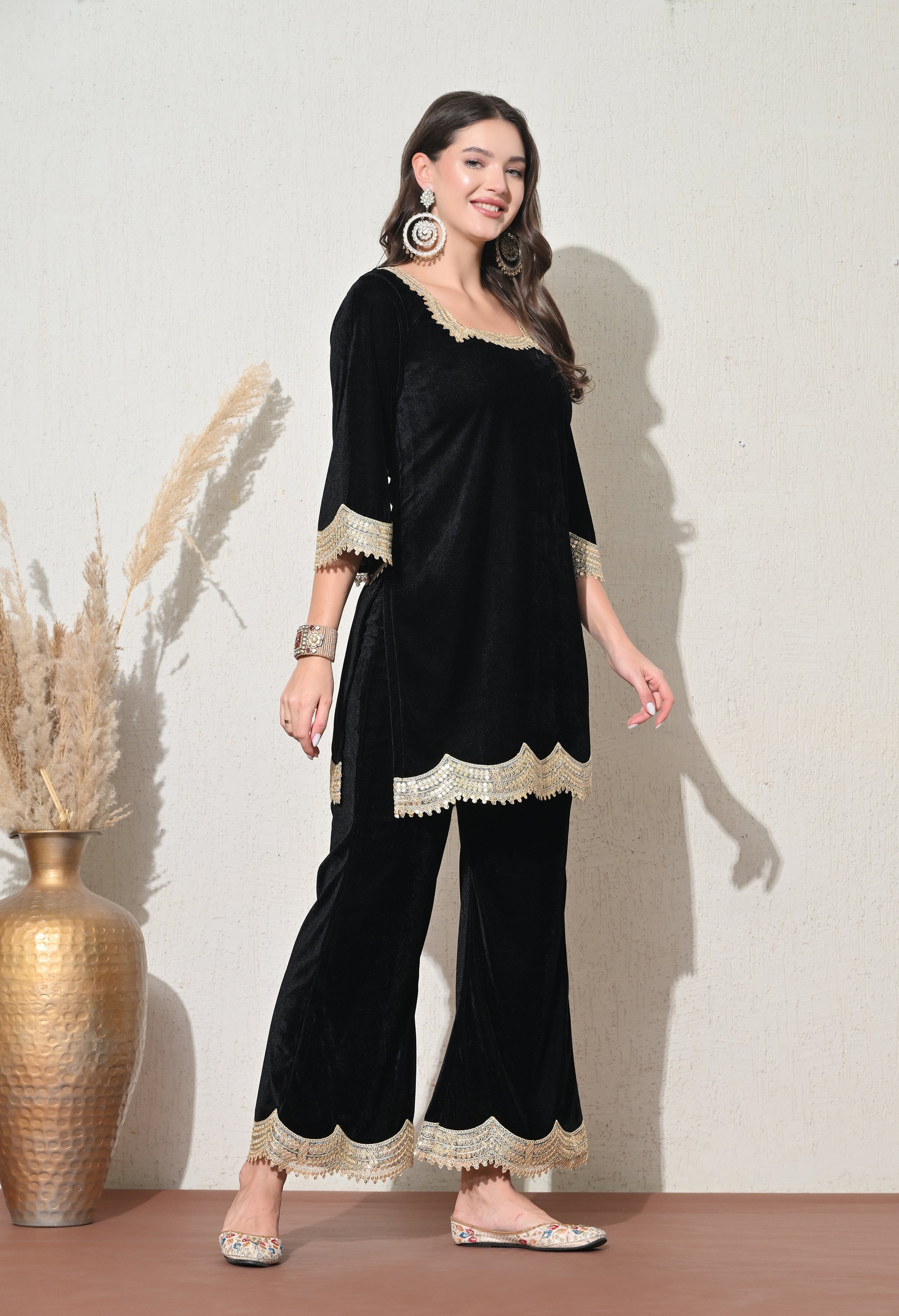 Black Velvet Kurta Set with Golden Lace