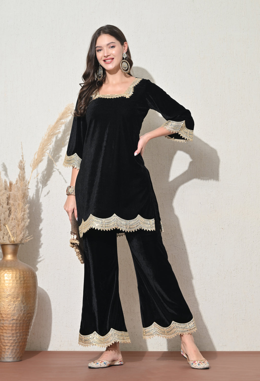 Black Velvet Kurta Set with Golden Lace