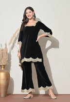 Black Velvet Kurta Set with Golden Lace