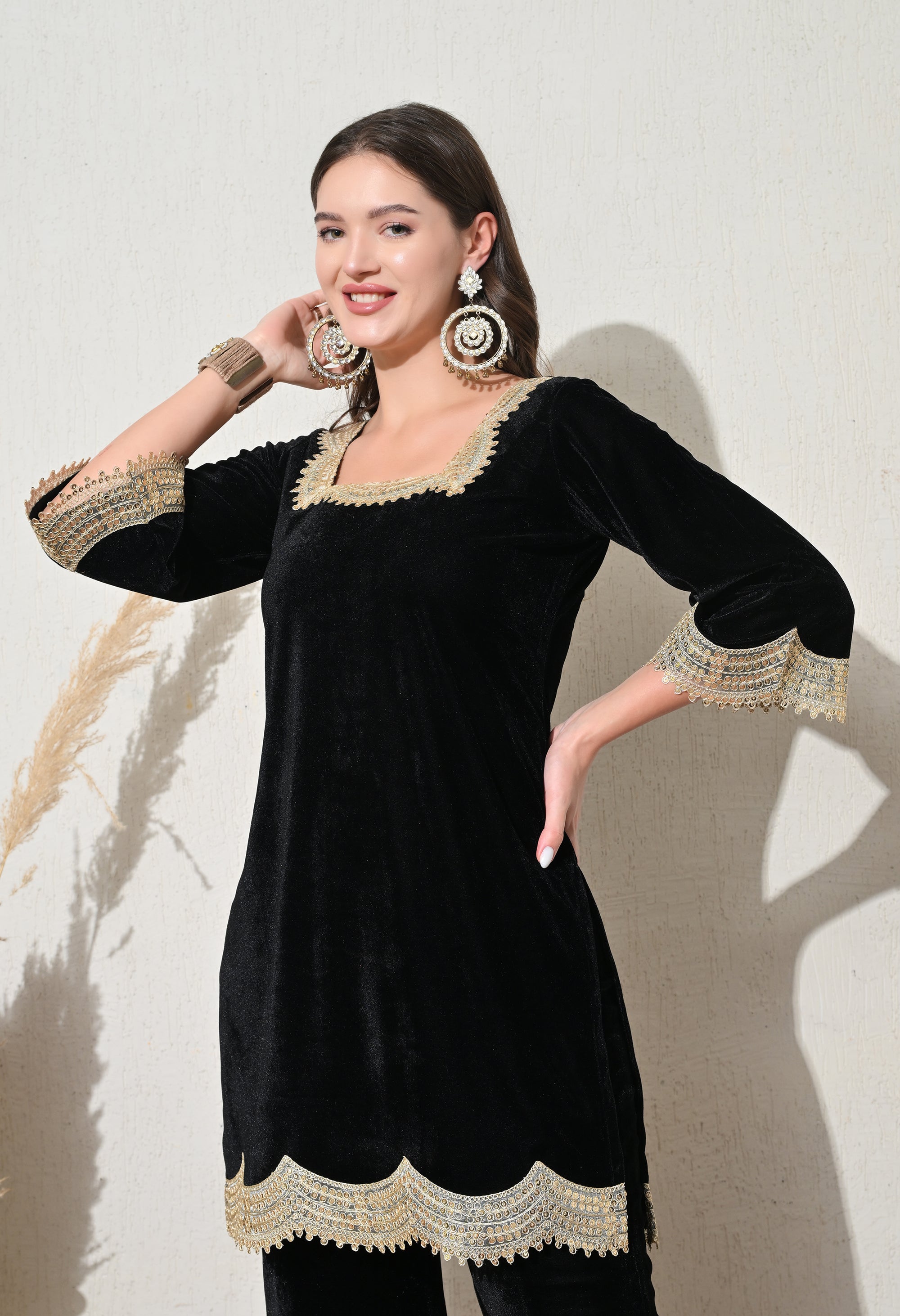 Black Velvet Kurta Set with Golden Lace