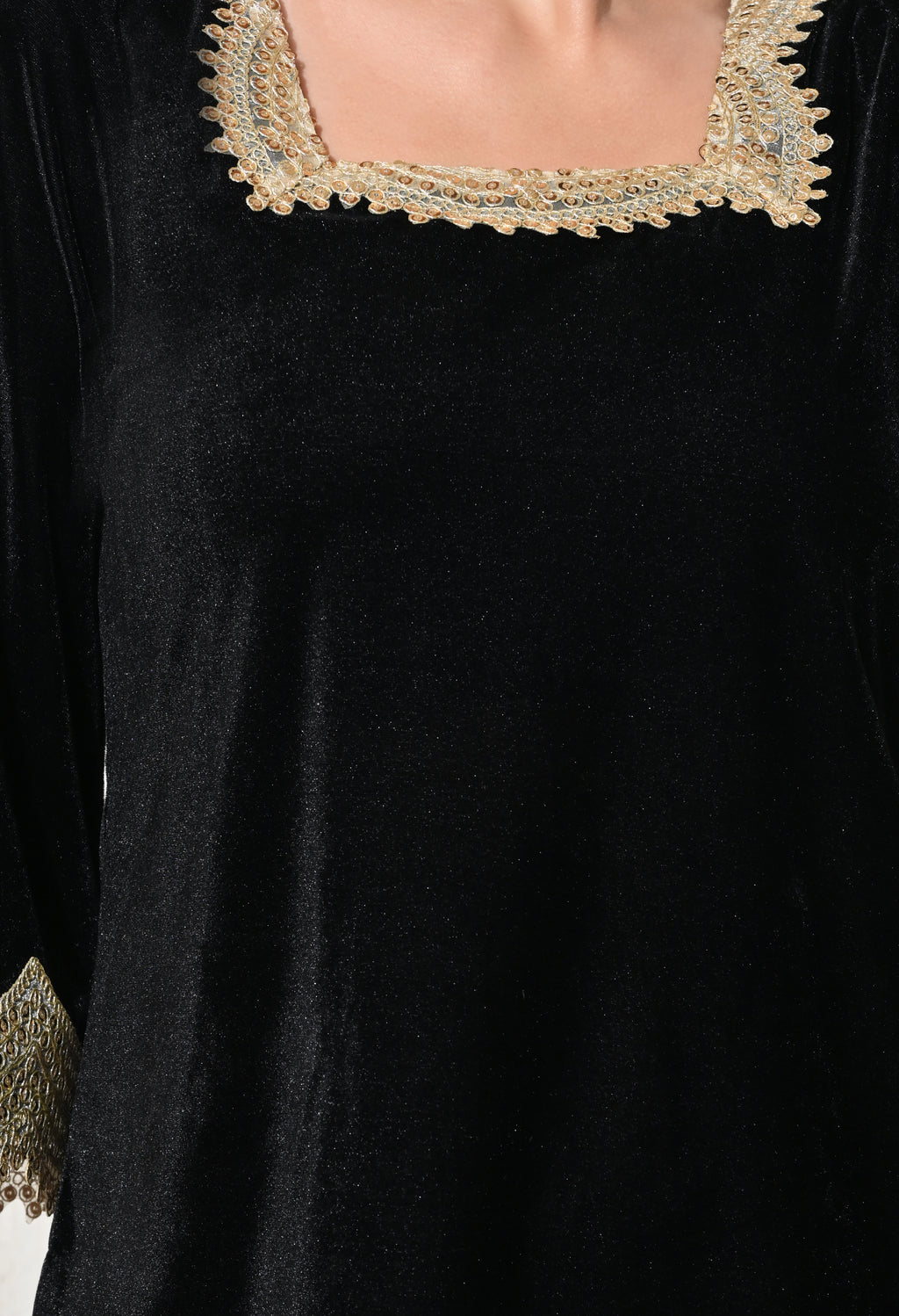 Black Velvet Kurta Set with Golden Lace