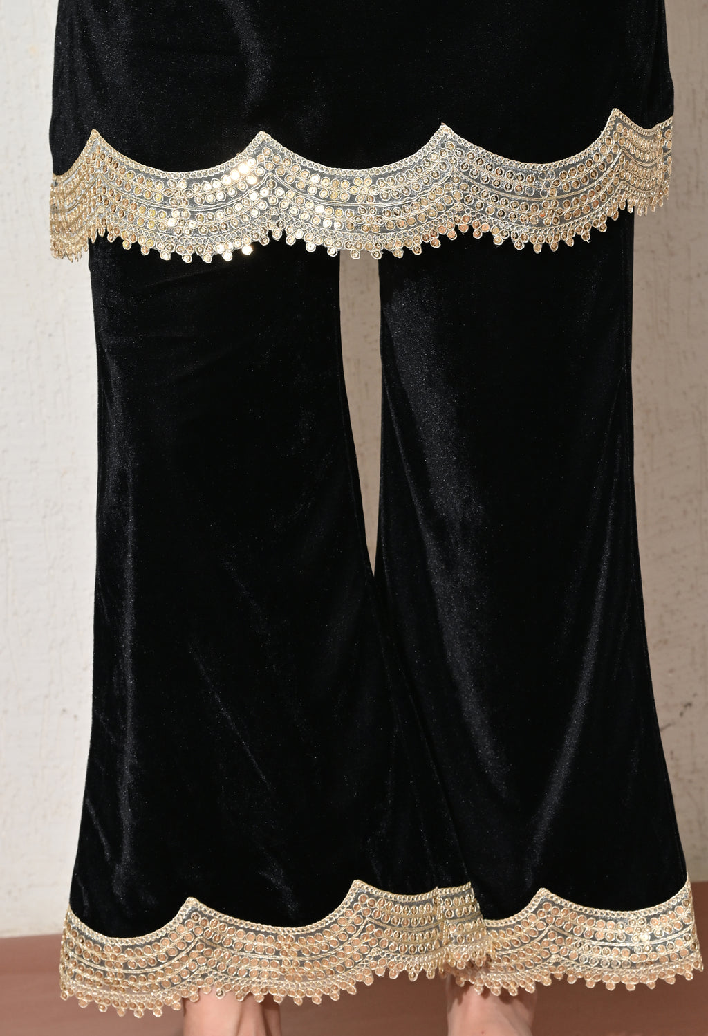 Black Velvet Kurta Set with Golden Lace