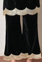 Black Velvet Kurta Set with Golden Lace