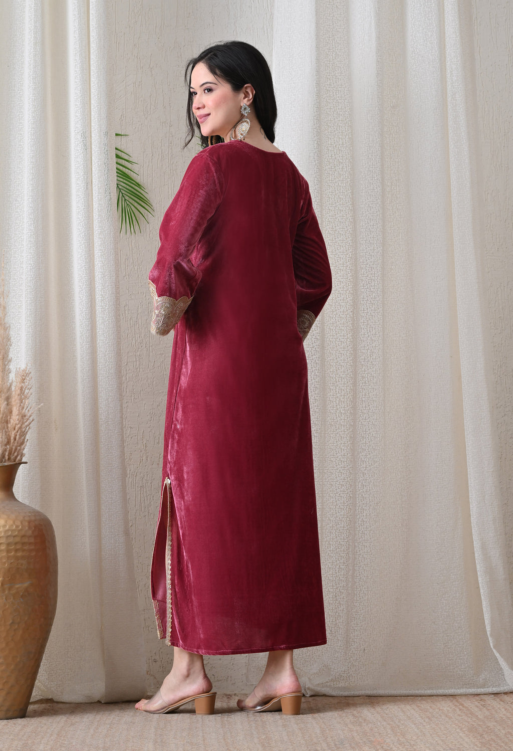 Wine Velvet Dress with Golden Border