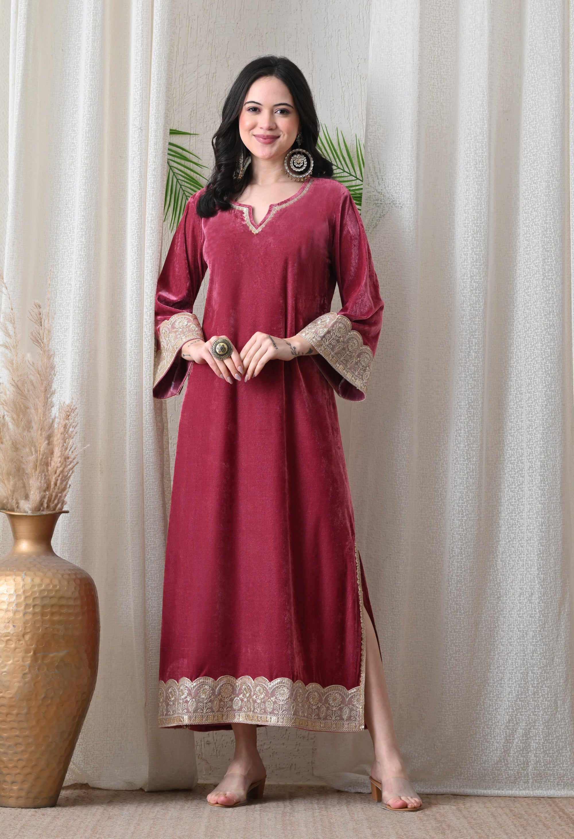 Wine Velvet Dress with Golden Border