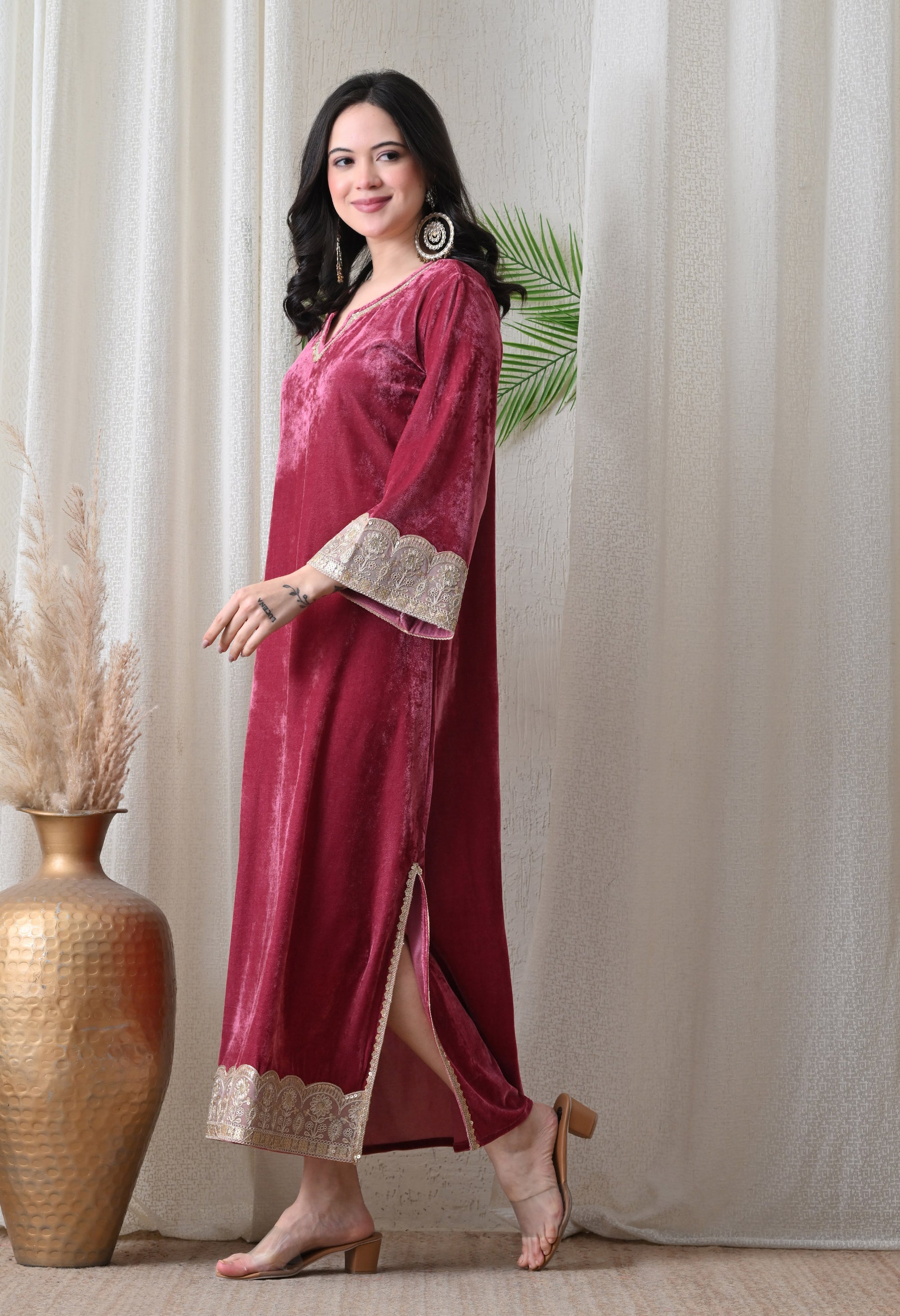 Wine Velvet Dress with Golden Border