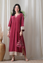 Wine Velvet Dress with Golden Border