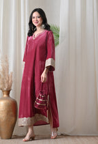 Wine Velvet Dress with Golden Border