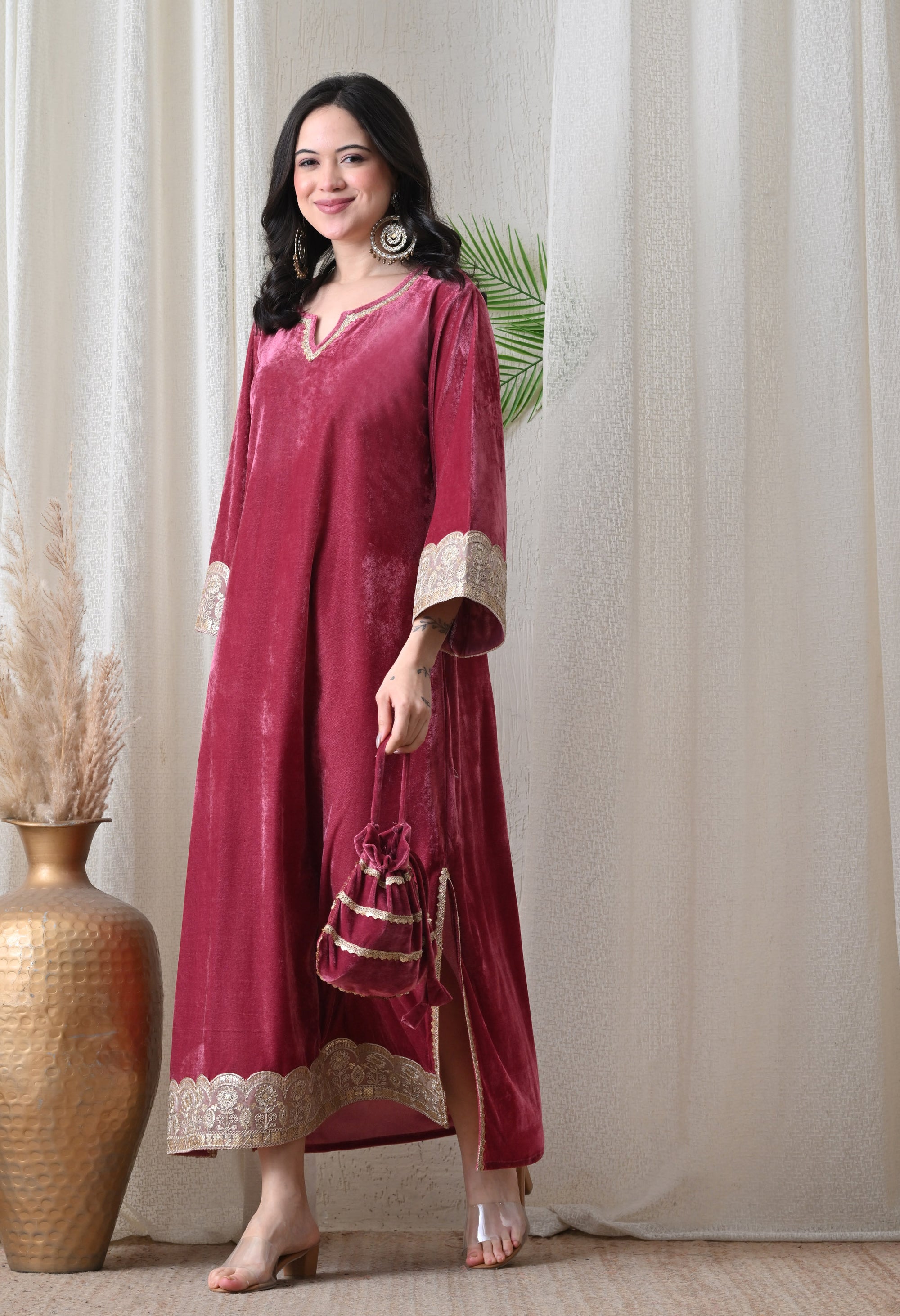 Wine Velvet Dress with Golden Border