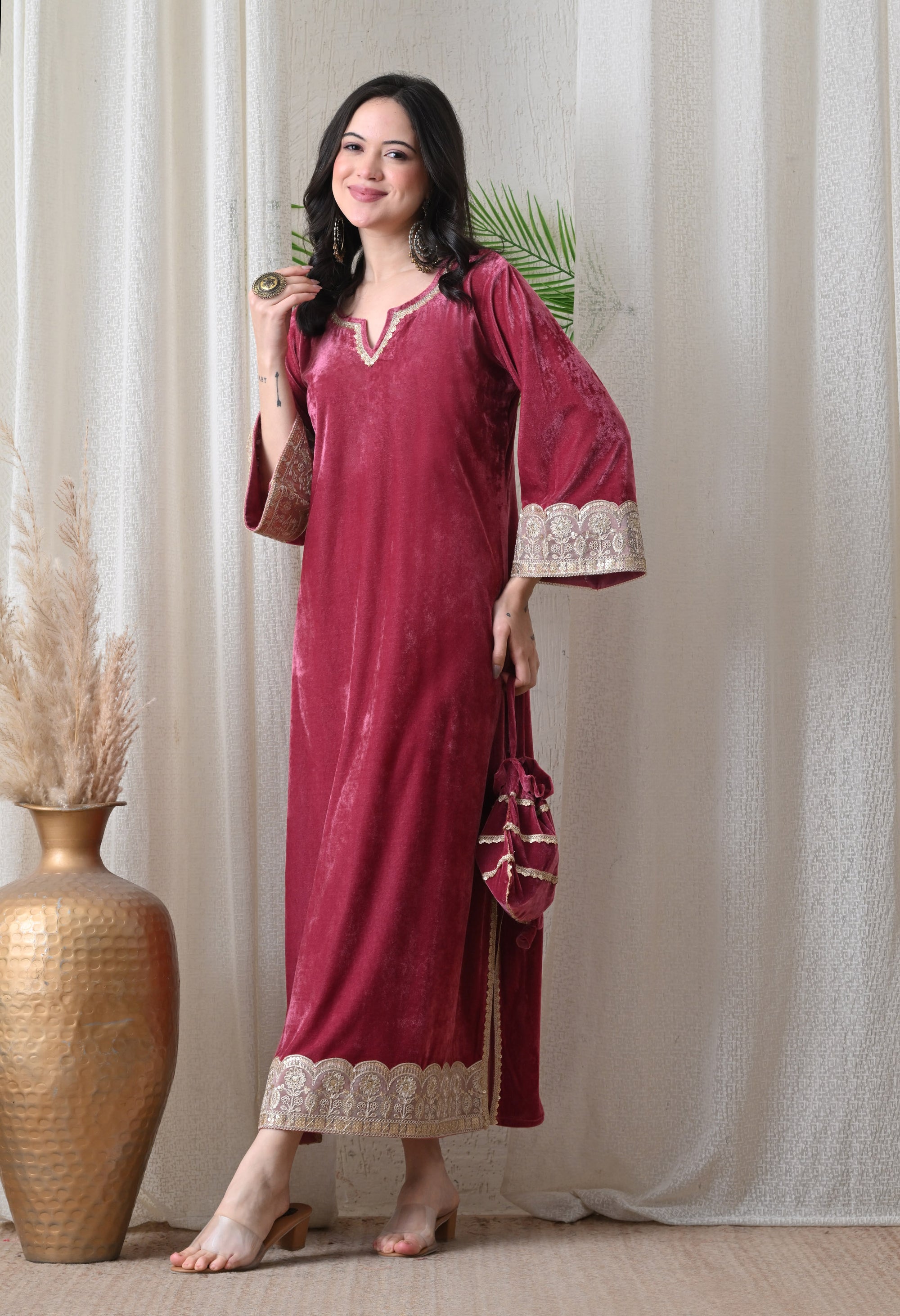 Wine Velvet Dress with Golden Border