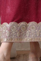 Wine Velvet Dress with Golden Border