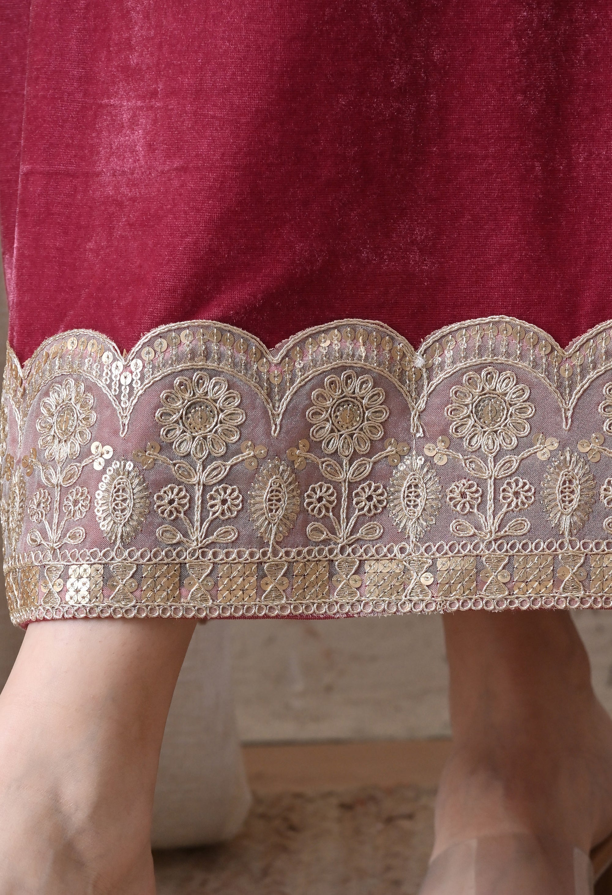 Wine Velvet Dress with Golden Border