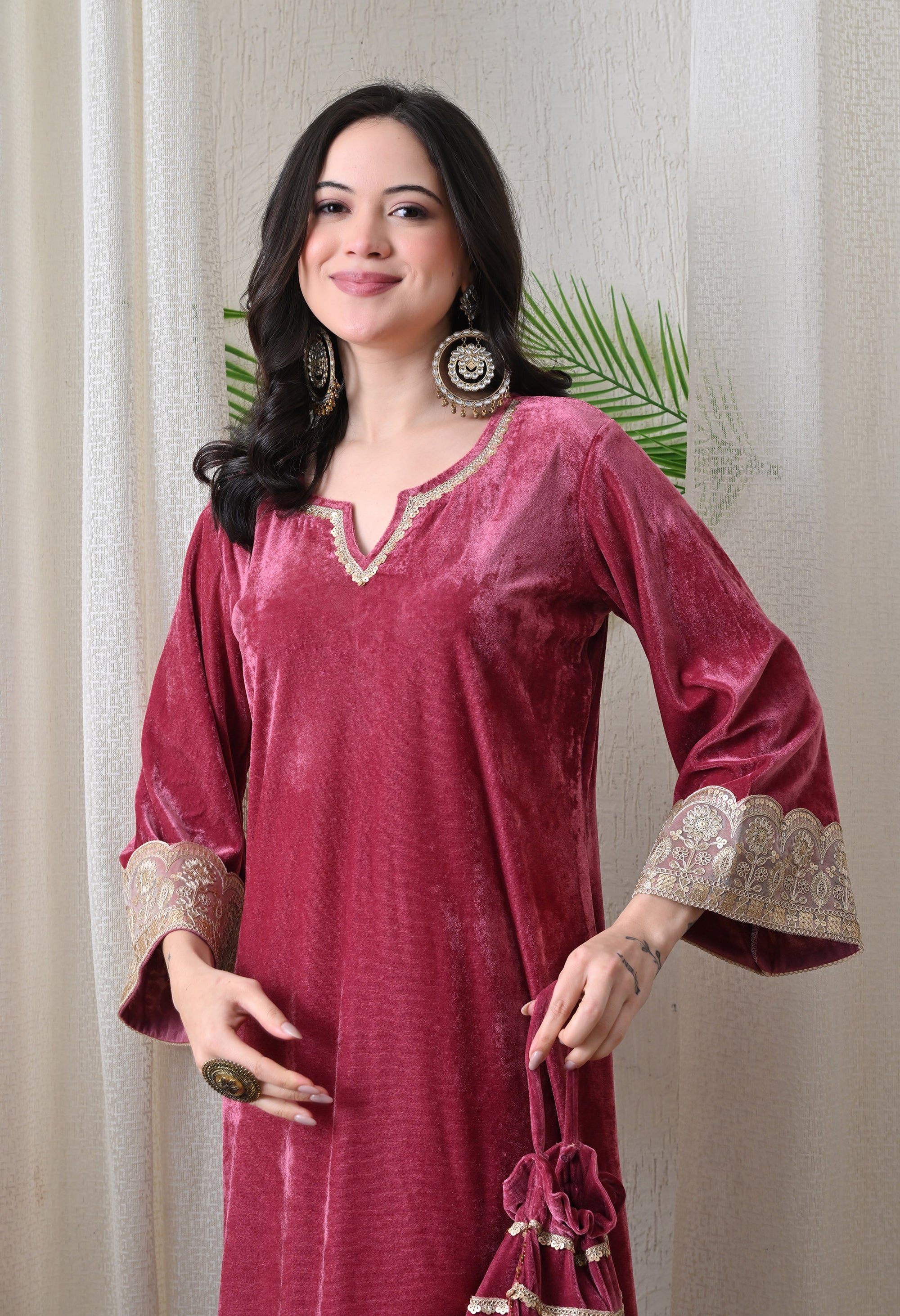 Wine Velvet Dress with Golden Border