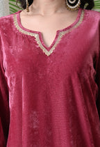 Wine Velvet Dress with Golden Border