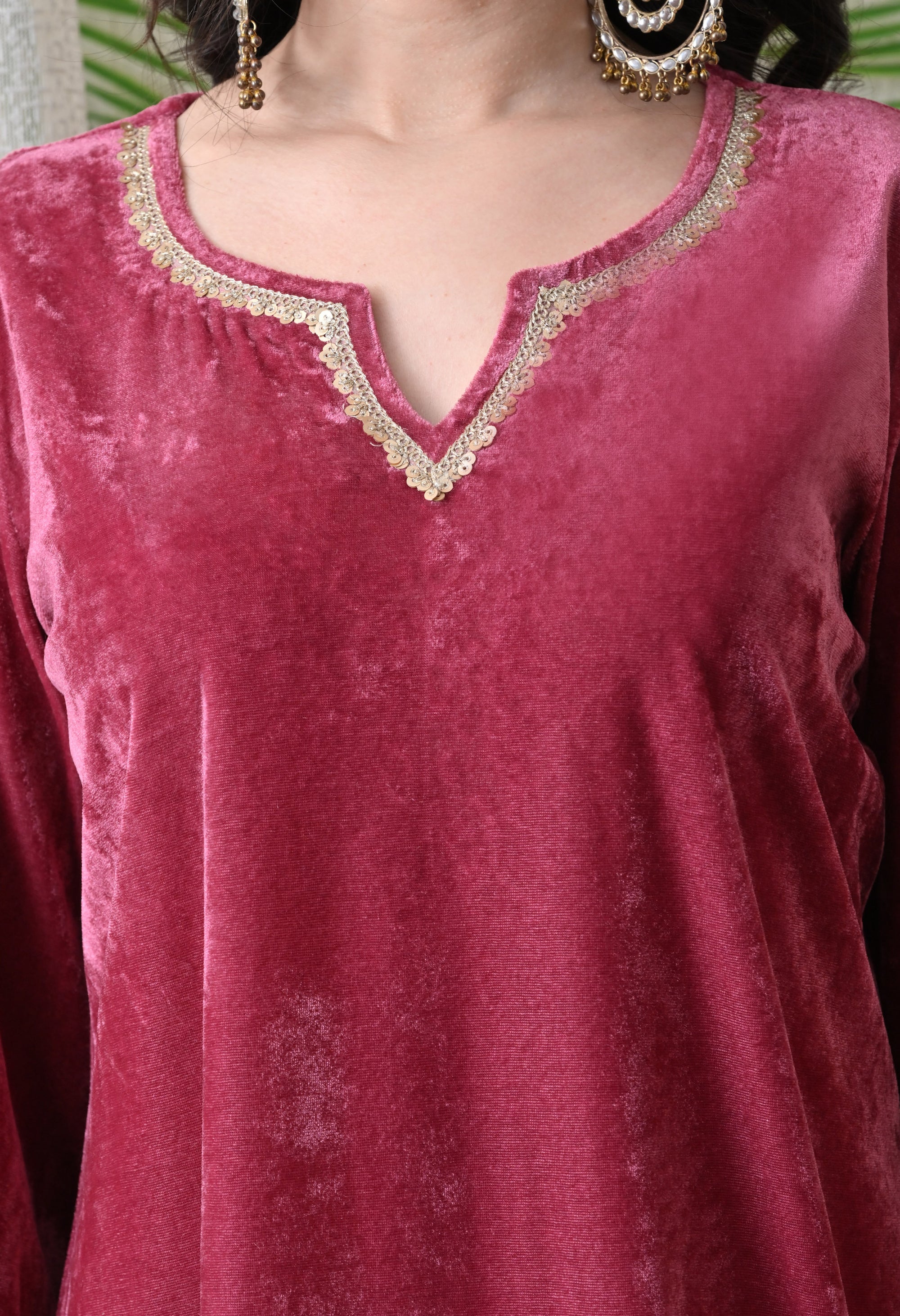 Wine Velvet Dress with Golden Border