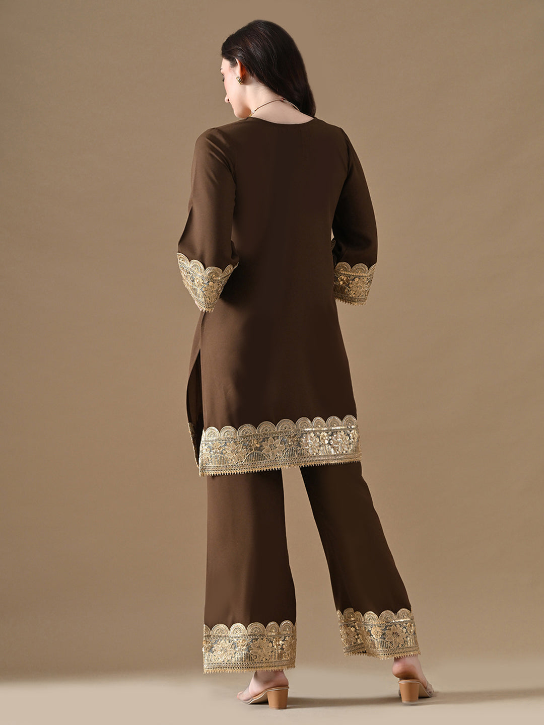 The Mocha Gold Embroidered Co-ord Set with Potli