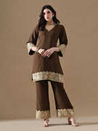 The Mocha Gold Embroidered Co-ord Set with Potli