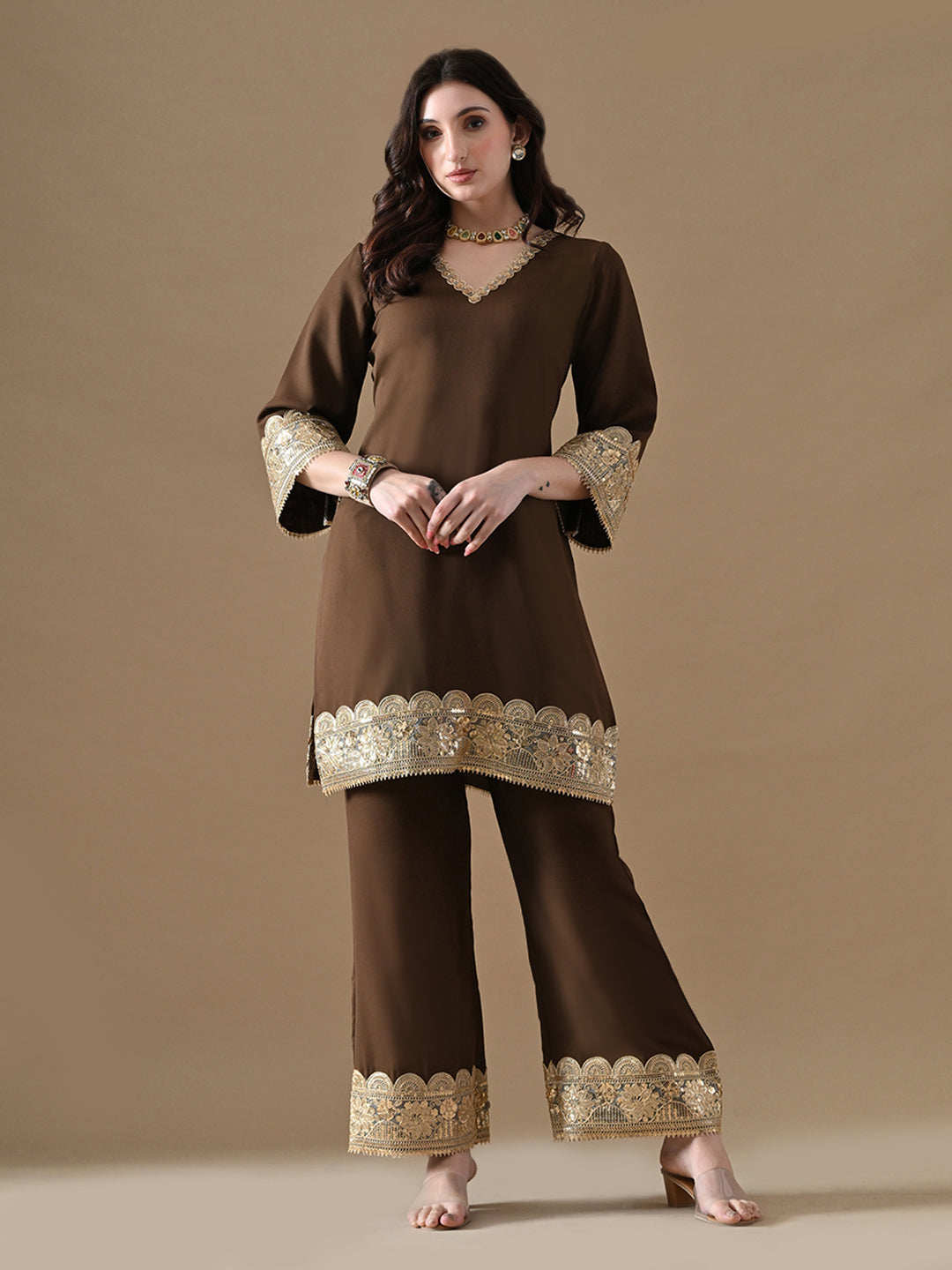 The Mocha Gold Embroidered Co-ord Set with Potli