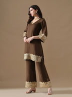 The Mocha Gold Embroidered Co-ord Set with Potli