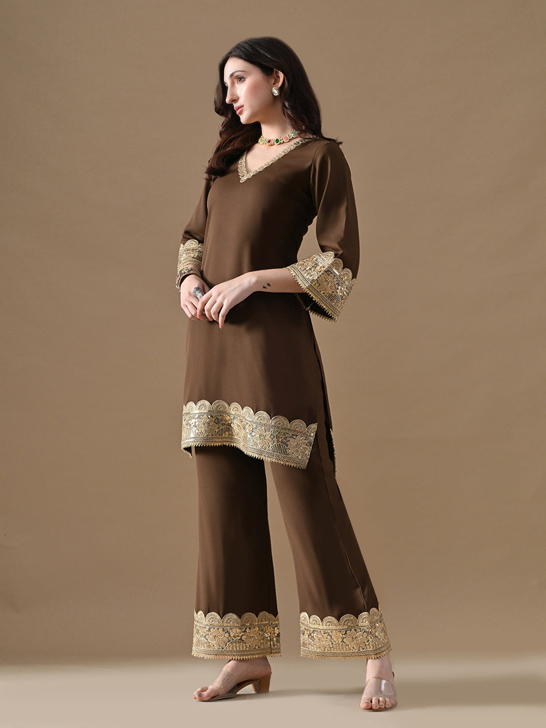 The Mocha Gold Embroidered Co-ord Set with Potli