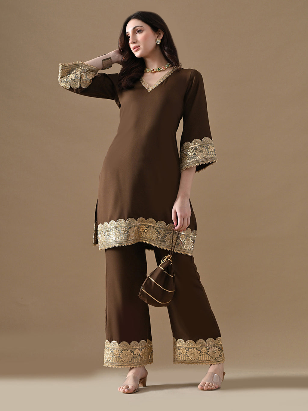 The Mocha Gold Embroidered Co-ord Set with Potli